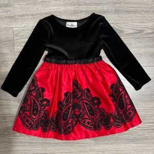 Rare Editions 4T Girls Black Velvet Red Satin Paisley Sequin Holiday Dress